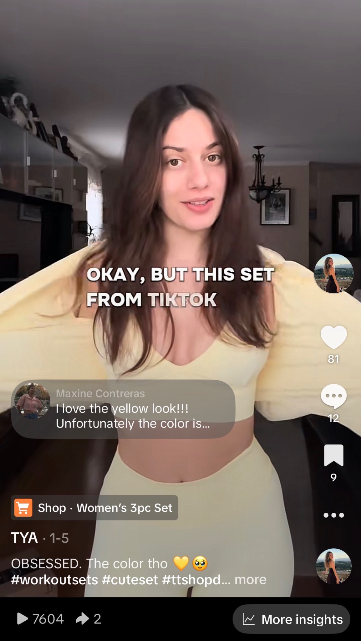 Tya wearing a pale yellow three piece knit set at home